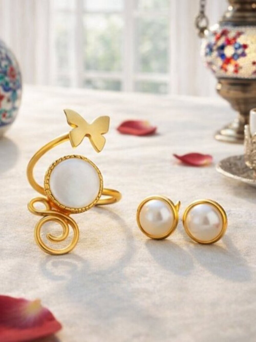 24K Gold Plated Turkish Artisan Pearl Butterfly Art Deco Ring Earrings Set 7-9